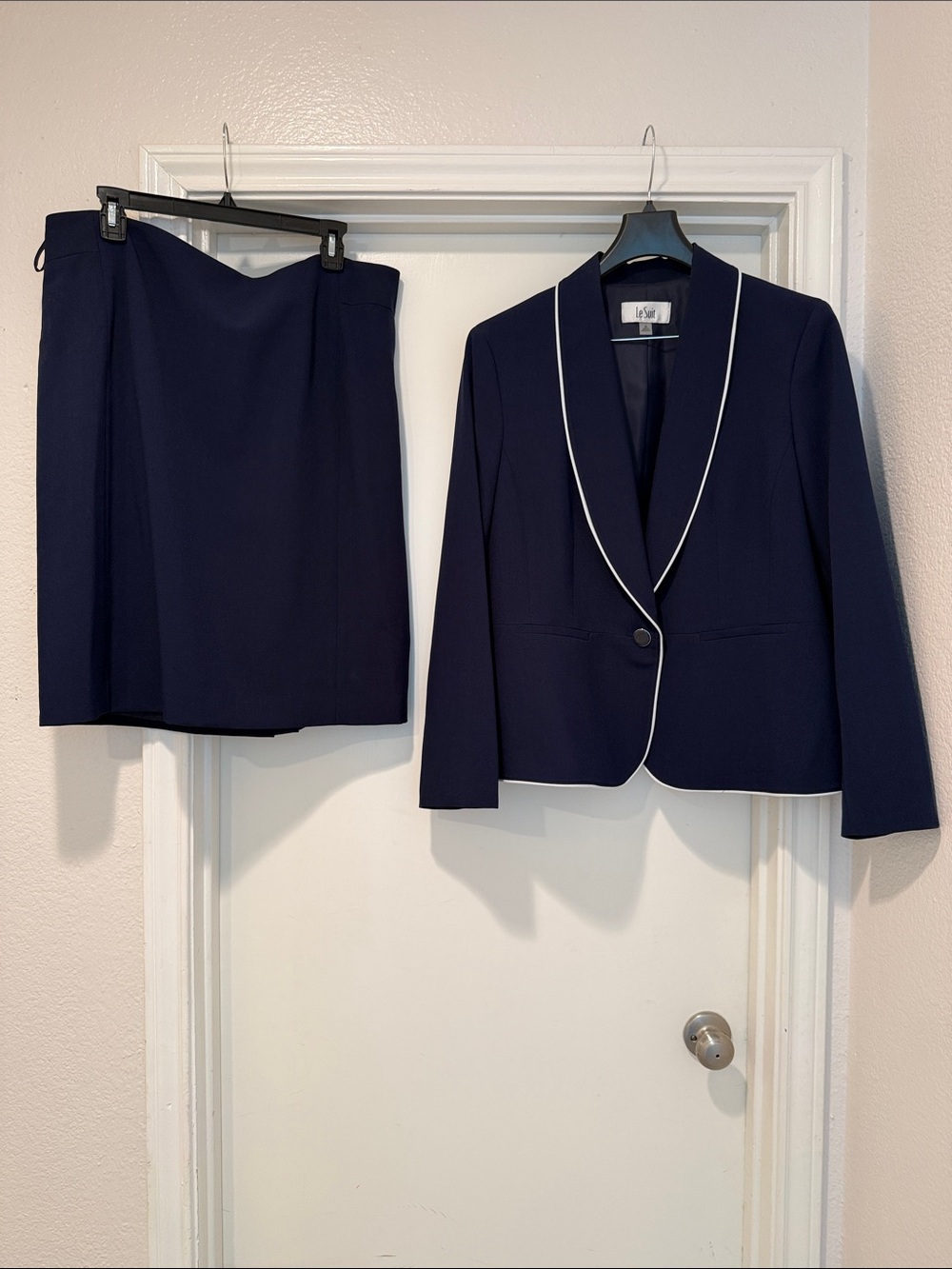 Le Suit Navy Blazer and Skirt Set with White Piping